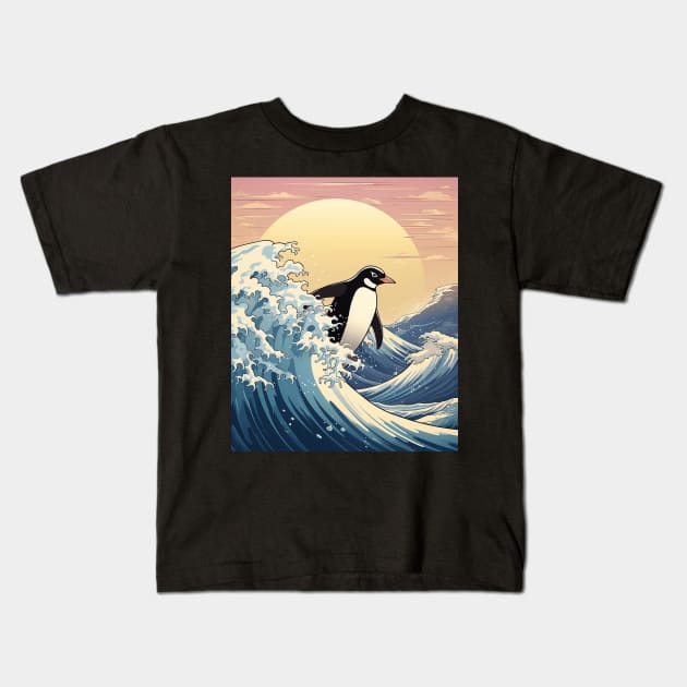 Japanese Penguin Surfer Great Wave Off Kanagawa Kids T-Shirt by Schalag Dunay Artist